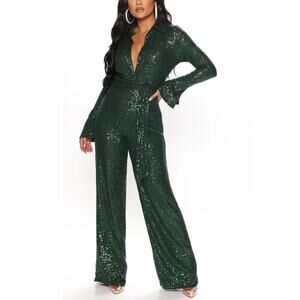 Fashion Nova Stay Classy Sequin Wide Leg V-Neck Jumpsuit Emerald Green Small